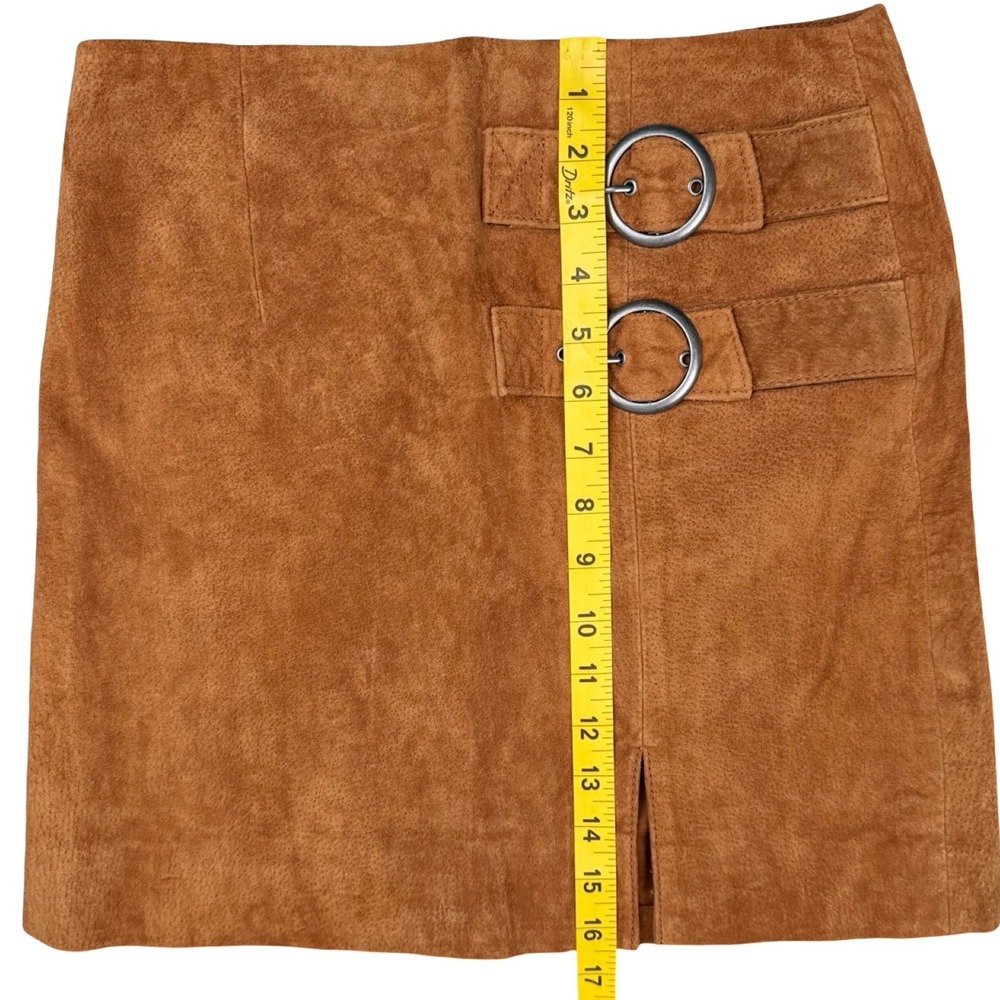 Brown Suede Leather Mini Skirt Buckle Front Y2K Moto Womens 25 - Picture 5 of 7